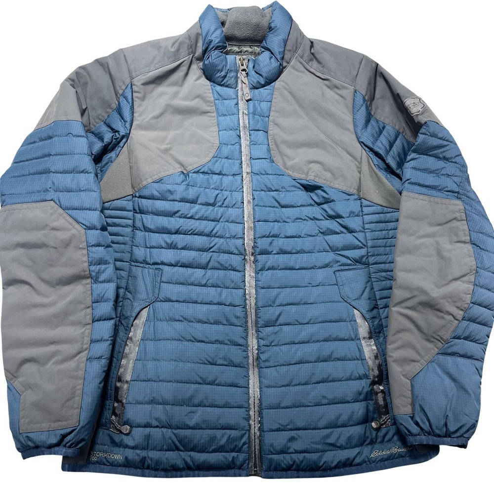 Eddie Bauer Jacket Womens Medium Blue Gray StormDown 650 Down Puffer Zip Outdoor